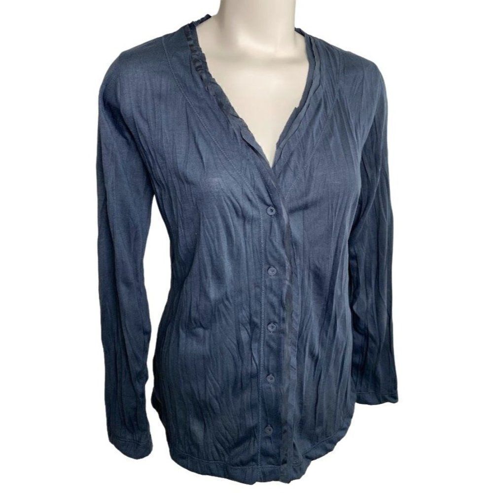 Womens Eddie Bauer Blue Crinkle Button Down Long‎ Sleeve Top Sz Small NEW